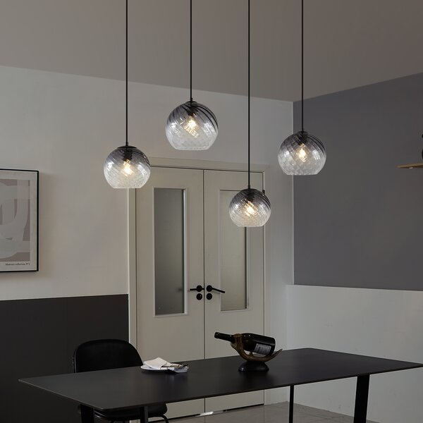 Lampada a sospensione Art Déco nera con vetro fumé rettangolare 4 luci - Bao