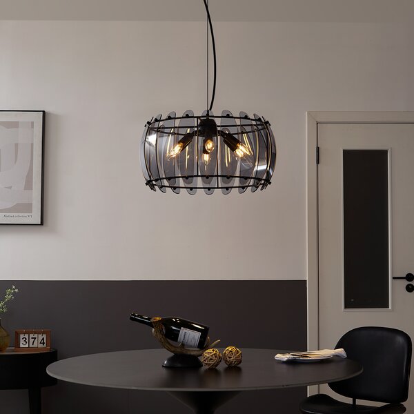 Lampada a sospensione di design nera con vetro fumé rotondo a 6 luci - Mochan