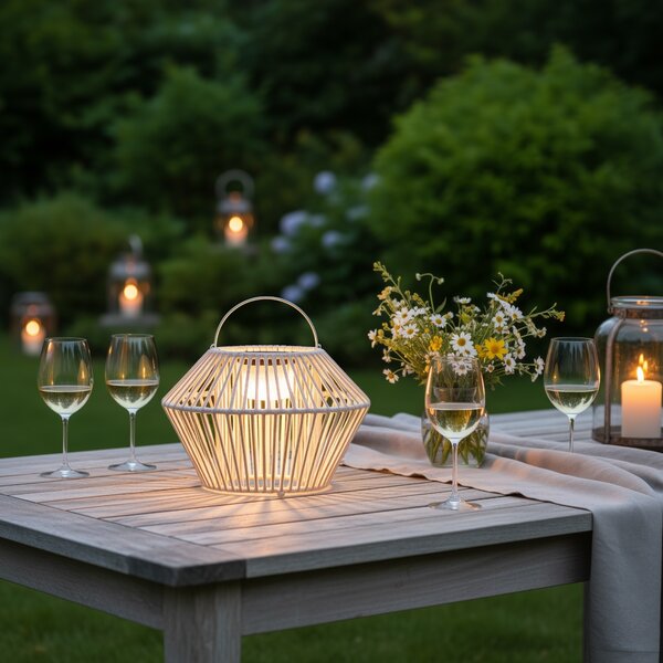 Lampada da tavolo bohémien beige con LED dimmerabile a 3 livelli IP54 ricaricabile a energia solare - Duco