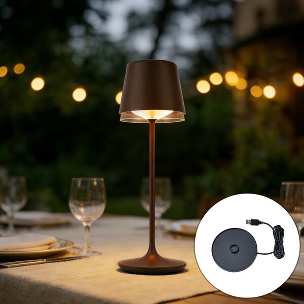 Lampada da tavolo marrone ruggine con LED IP65 ricaricabile con stazione di ricarica - Bass