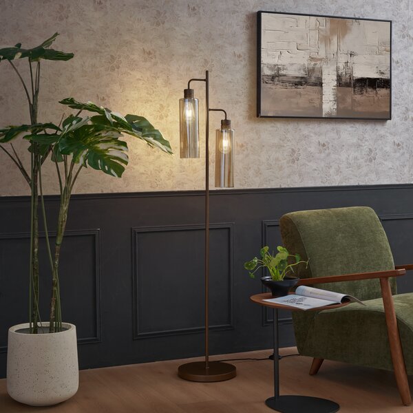 Lampada da terra Hotel Chic bronzo scuro con vetro ambrato 2 luci - Stavelot