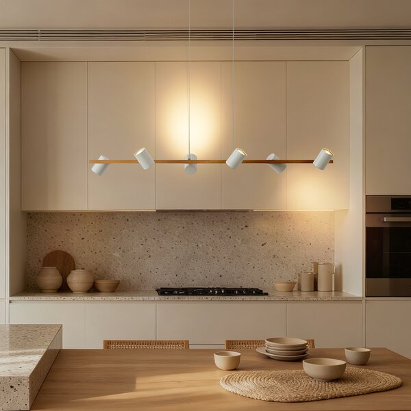 Lampada a sospensione smart in legno con rettangolo bianco a 6 luci con Wifi GU10 - Jeana Straight