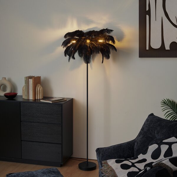 Lampada da terra Art Déco nera con piume nere - Peahen