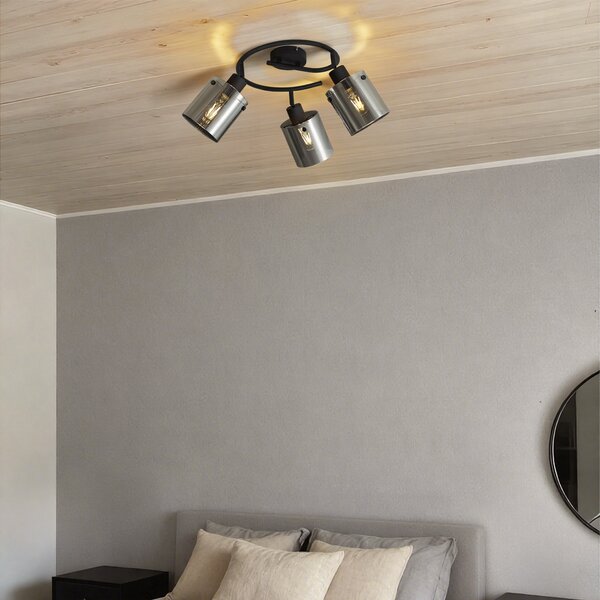 Faretto da soffitto di design nero con vetro fumé rotondo a 3 luci - Domo