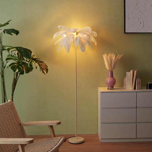 Lampada da terra Art Déco beige con piume bianche - Peahen