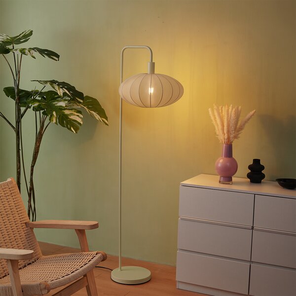 Lampada da terra Japandi beige con paralume in tessuto color crema - Bida