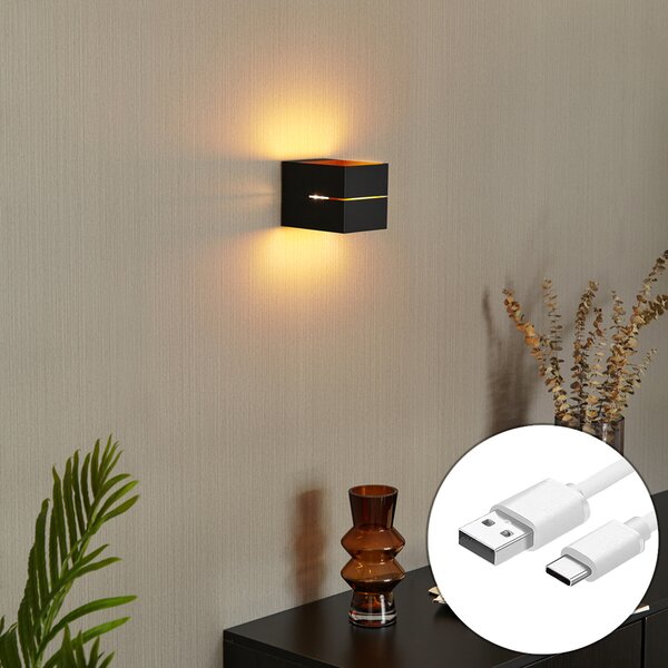 Lampada da parete moderna nera con interno dorato con LED e dimmer touch ricaricabile - Joris Groove