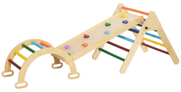 AIYAPLAY 5 in1 Gioco Arrampicata Bambini con Triangolo e Arco Montessori e Rampa con Pietre in Legno di Pino, 178x64.5x63cm | Aosom Italy