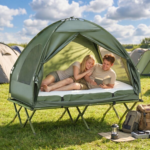 Outsunny Set da Campeggio Tenda Letto 2 Persone Materasso Gonfiabile con Borsa per il Trasporto in Polietilene, Verde Scuro