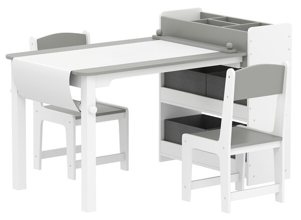 AIYAPLAY Set Tavolo e Sedie per Bambini con 2 Sedie e Tavolino Contenitore, in Legno e Tessuto non Tessuto, Grigio e Bianco | Aosom Italy