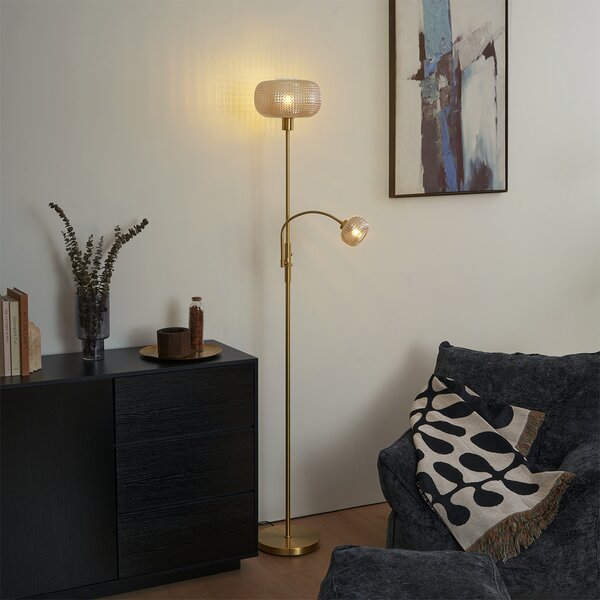 Lampada da terra di design in ottone con vetro ambrato a 2 luci - Brianna