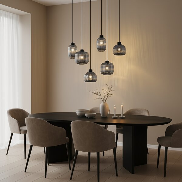 Lampada a sospensione di design nera con vetro fumé 6 luci - Ana