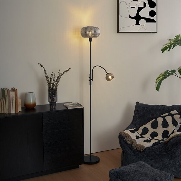 Lampada da terra di design nera con vetro fumé 2 luci - Brianna