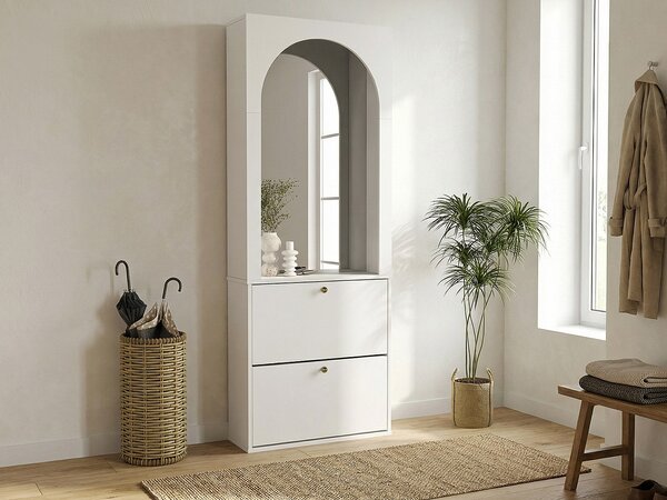 Scarpiera 2 vani ribaltabili e 1 specchio Bianco e dorato - CYMORA