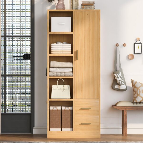 Armadio okwish con cassetti e due aste separate, mobile ingresso con diversi scomparti, ampio spazio di stoccaggio, stile naturale