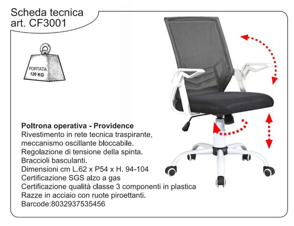 Sedia operativa Regolabile PROVIDENCE Alzo A Gas per casa ed ufficio Dimensioni 62x54xh 94-104 cm-max 104 cm tessuto tecnico Nero