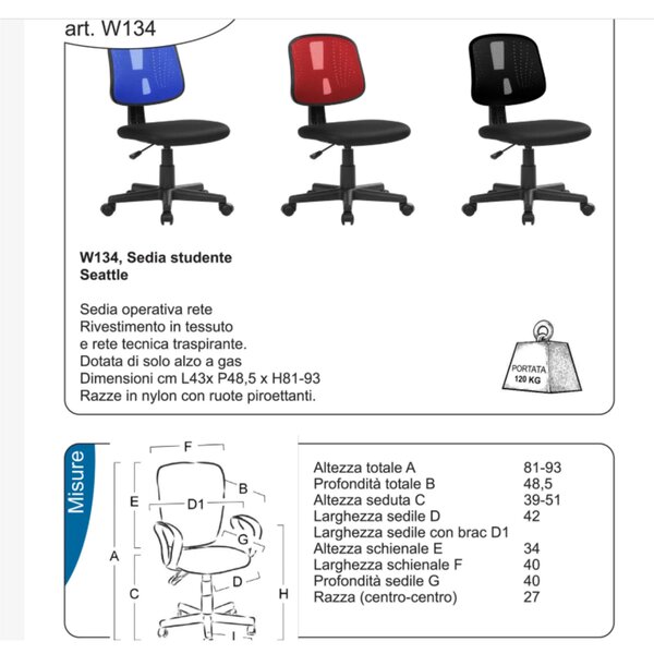 Sedia operativa Rivestimento in tessuto nero e rete tecnica Dimensione 43x48,5x h 93 max 100 cm nero, per casa ed ufficio
