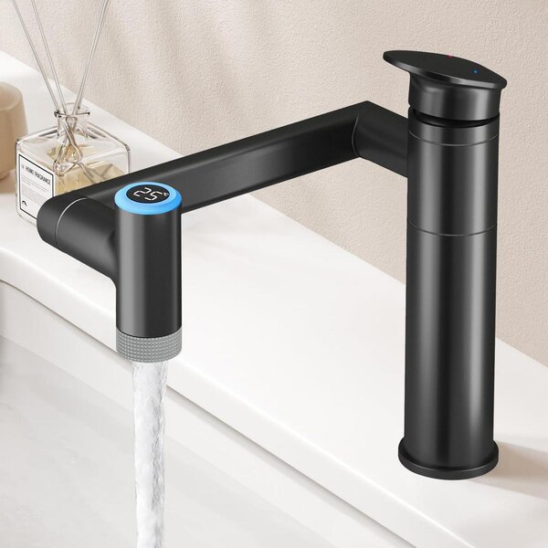 Miscelatore per lavabo, girevole a 1080°, regolabile in altezza, con indicatore di temperatura (senza batterie), colore nero