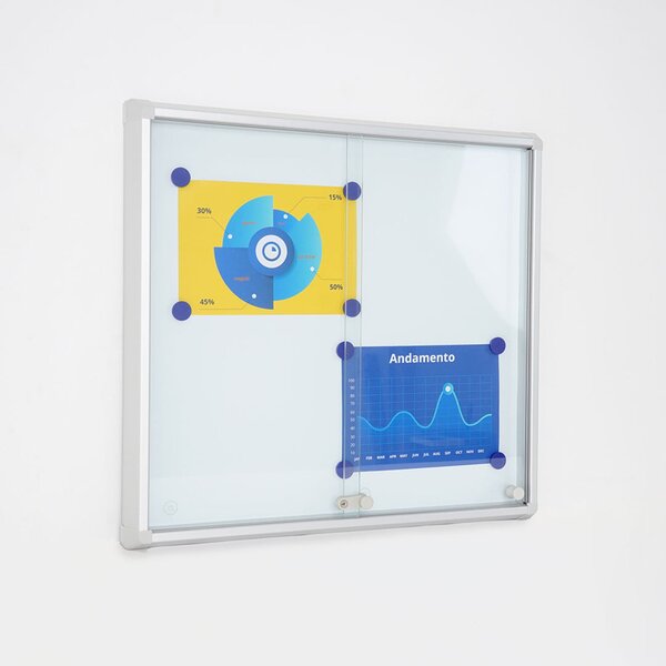 Bacheca magnetica da interno ad ante scorrevoli in vetro temperato ESG, formato 6xA4, 720x675 mm, alluminio silver