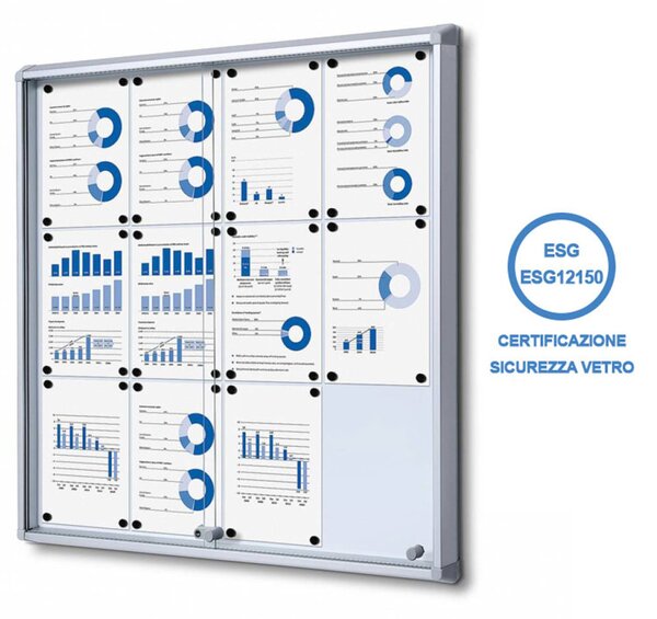 Bacheca magnetica per interni con ante scorrevoli in vetro temperato, formato 12xA4, profili alluminio anodizzato