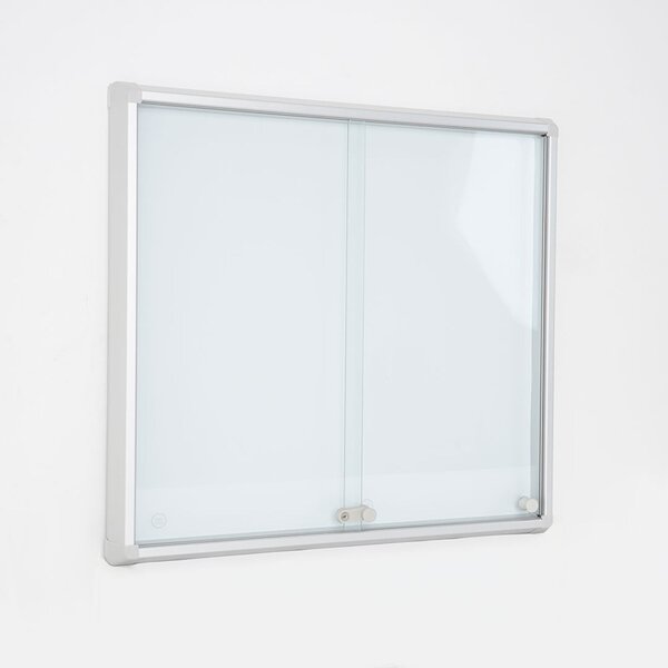 Bacheca magnetica da interno ad ante scorrevoli in vetro temperato ESG, formato 6xA4, 720x675 mm, alluminio silver