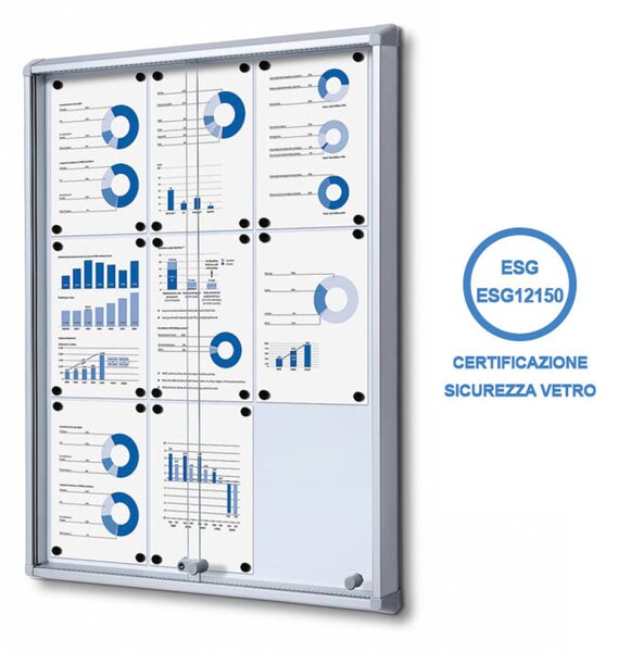 Bacheca magnetica ante scorrevoli in vetro temperato ESG, formato 9xA4, 720x982x59 mm, alluminio anodizzato