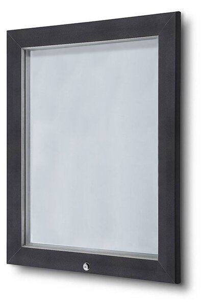 Bacheca per esterno certificata IP56 4xA4, alluminio antracite RAL7016, vetro temperato, apertura a ribalta