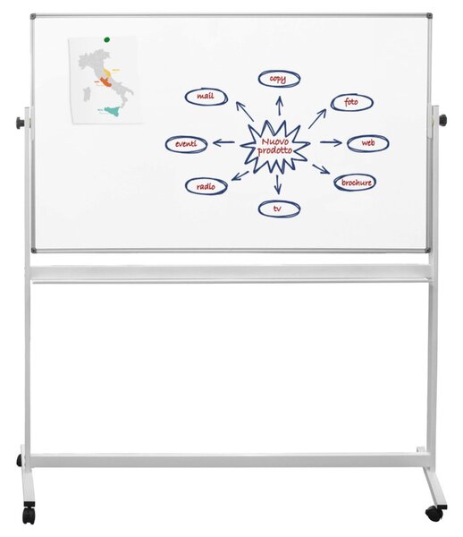 Lavagna Girevole Bifacciale 150x90 cm su Ruote, Doppia Superficie Acciaio Magnetica e Scrivibile