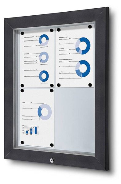 Bacheca per esterno certificata IP56 4xA4, alluminio antracite RAL7016, vetro temperato, apertura a ribalta