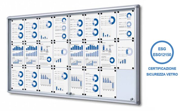 Bacheca magnetica ad ante scorrevoli in vetro temperato ESG, formato 24xA4, 1815x982x59 mm, alluminio anodizzato