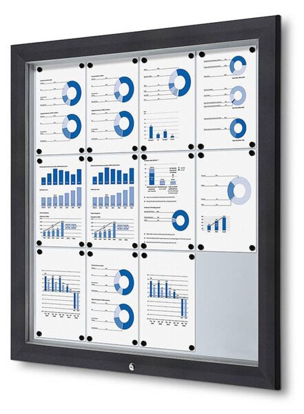 Bacheca per esterno certificata IP56 12xA4, alluminio antracite RAL7016, vetro temperato, apertura a ribalta