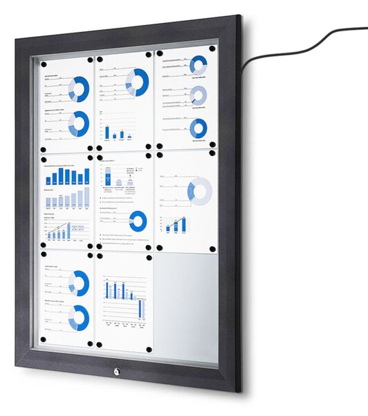 Bacheca per esterni con illuminazione LED, formato 9xA4, struttura in alluminio finitura antracite RAL 7016