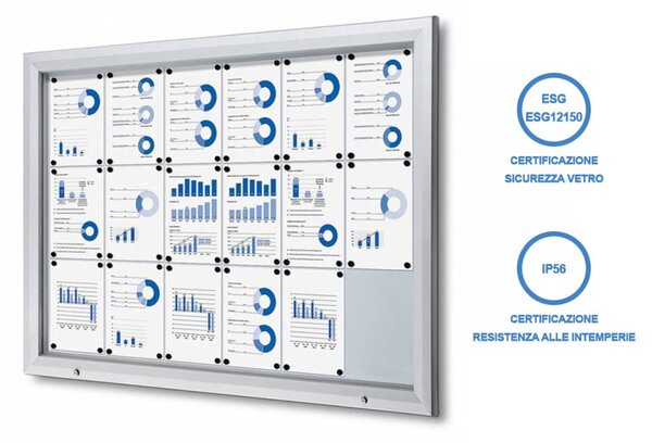 Bacheca per esterno certificata IP56 18xA4, alluminio anodizzato, vetro temperato ESG, apertura a ribalta