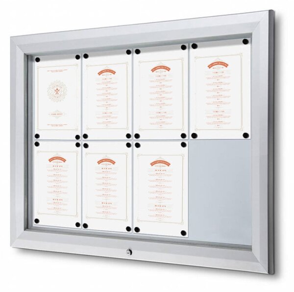 Bacheca da esterno certificata IP56, formato 8xA4, profili alluminio anodizzato, anta vetro temperato ESG