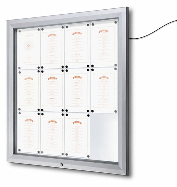 Bacheca per esterni con illuminazione LED, apertura a ribalta, vetro temperato IP56 - formato 12xA4