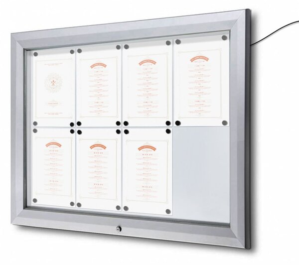 Bacheca da esterno CITY103LED con strip LED, formato 8xA4, struttura in alluminio silver e vetro temperato ESG IP56