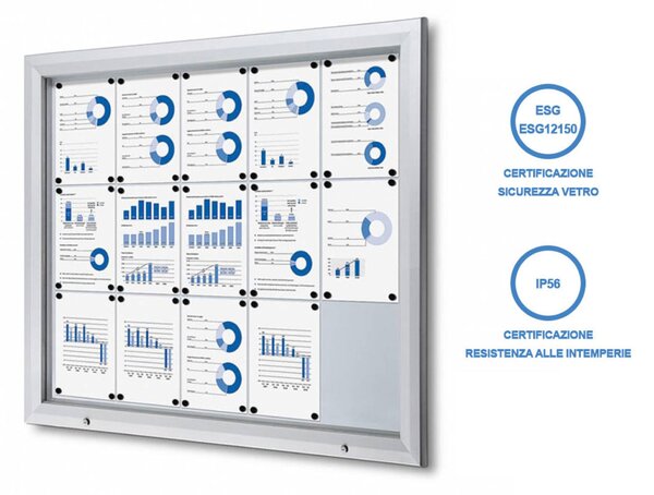Bacheca da esterno certificata IP56 15xA4, alluminio e vetro temperato ESG, apertura a ribalta con pistoni a gas