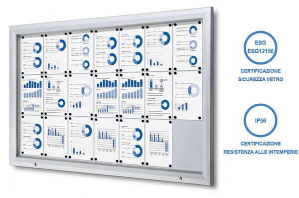 Bacheca per esterno certificata IP56 CITY108 - 21xA4, alluminio anodizzato, vetro temperato ESG, 168,5x106,7 cm