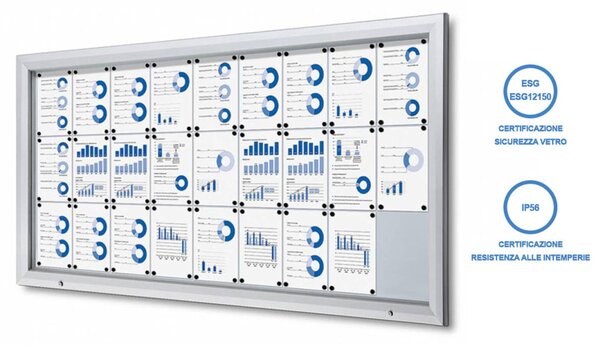 Bacheca da esterno certificata IP56 formato 27xA4, alluminio anodizzato, vetro temperato ESG e apertura a ribalta