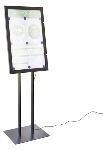 Bacheca porta men� da esterno autoportante con illuminazione LED, formato 4xA4, anta in policarbonato, finitura nera