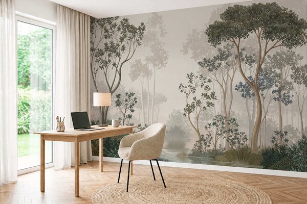 Carta da parati Foresta nebbiosa con alberi e un corso d'acqua tranquillo, Carta da parati Buffer, w05700 : Uwalls.it