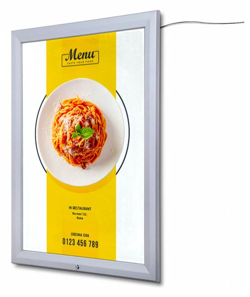 Bacheca porta poster da esterno 70x100cm con retroilluminazione LED, anta in vetro temperato e apertura a ribalta