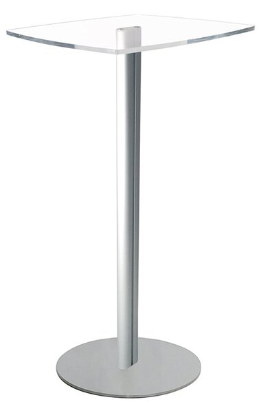 Tavolino Help Desk in plexiglass trasparente 48x48 cm, montante singolo, base alluminio silver diam. 45 cm
