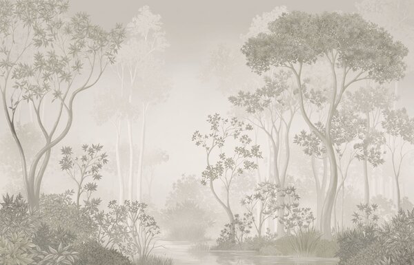 Carta da parati Foresta avvolta da una leggera nebbia, dai tenui toni neutri, Carta da parati Buffer, w05700v1 : Uwalls.it