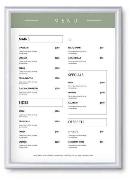 Cornice a scatto in alluminio anodizzato silver, formato A2 42x59,4 cm, profilo 25 mm, PVC antiriflesso