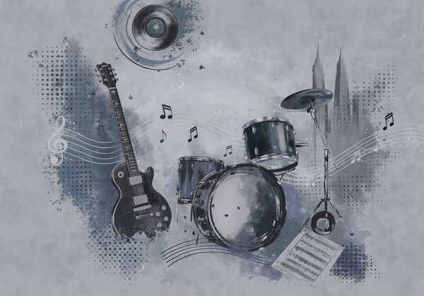 Carta da parati Chitarra e batteria con note musicali, Carta da parati Buffer, w05546 : Uwalls.it