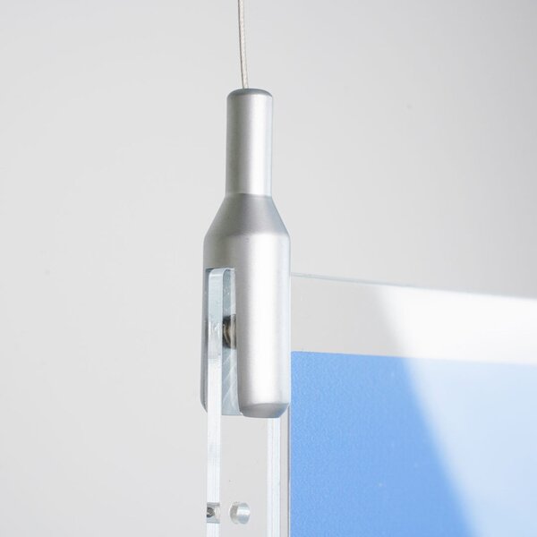 Tasca porta cartelli in plexiglass 70x15 cm per soffitto, sistema a sospensione con cavetti in acciaio e clip trasparent