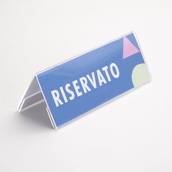 Portanome Segnaposto in Plexiglass Bifacciale a V, 16x6x6 cm, Grafica Intercambiabile per Tavoli ed Eventi