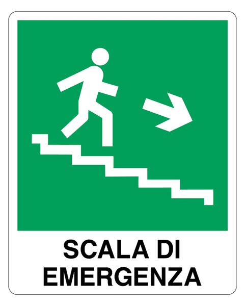 Cartello in alluminio 250x310 mm Scala di emergenza destra - segnaletica di sicurezza per vie di fuga