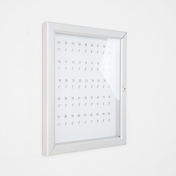 Bacheca portachiavi da parete 45 posti, anta in metacrilato apertura a libro, alluminio anodizzato, 434x548 mm